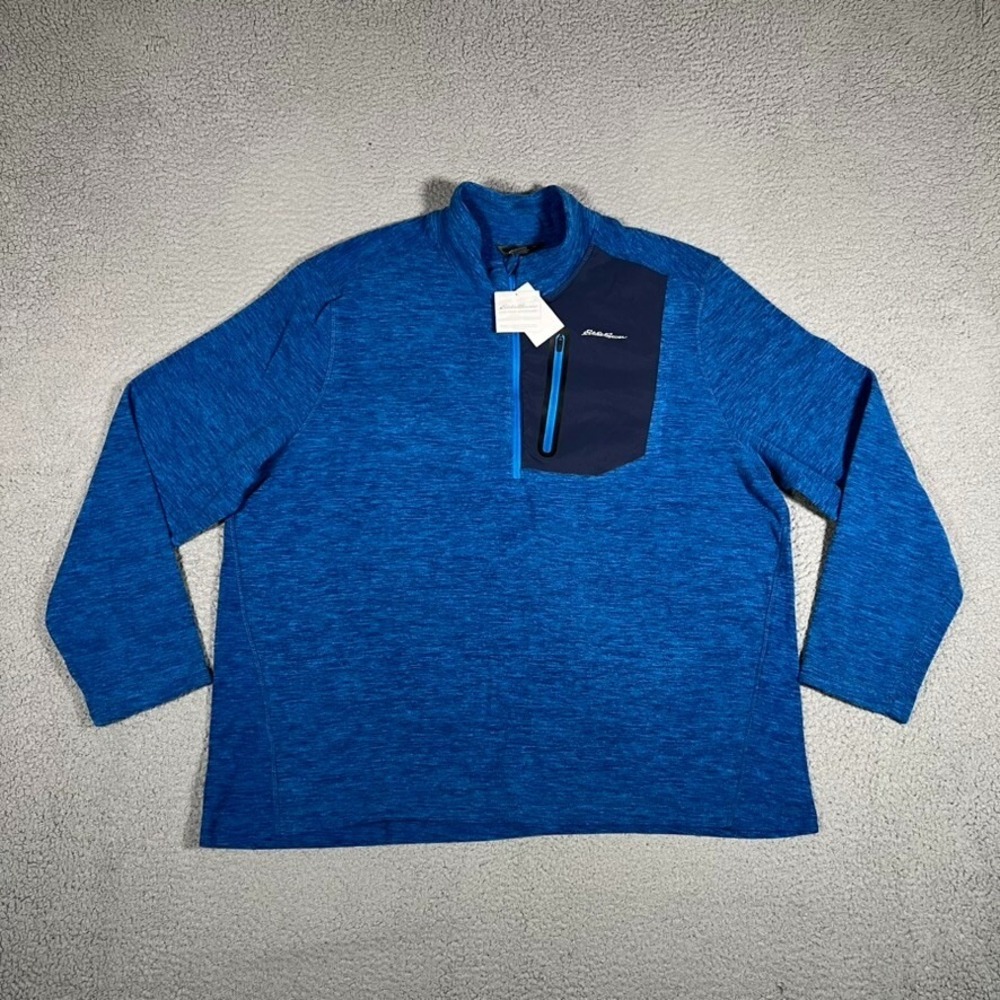 Eddie Bauer Sweater Mens XXL Blue Cloud 1/4 Zip Pullover Outdoor Hiking Logo NWT